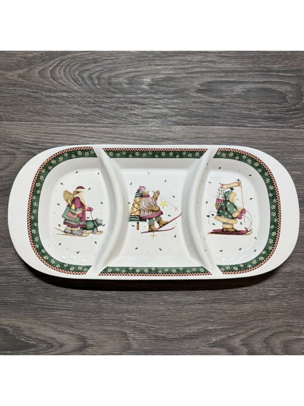 Sakura Debbie Mumm Sledding Snowman Bear 3 Part Relish Dish Christmas Platter - Picture 9 of 14